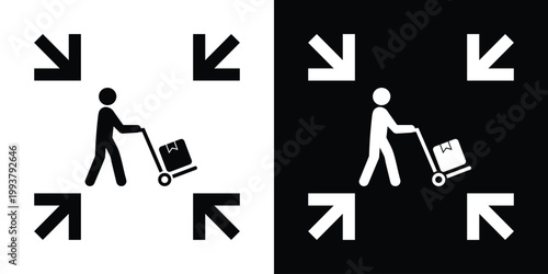 Icon showing a person pushing a cart with boxes, framed by inward-pointing arrows. Represents logistics, delivery, warehouse, shipping, or supply chain services. Clean, high-contrast vector icon.