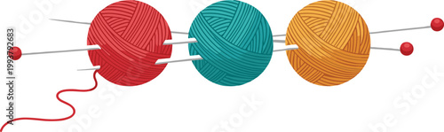 Colorful Yarn Balls with Knitting Needles in Red Teal and Yellow Craft Hobby Vector Illustration