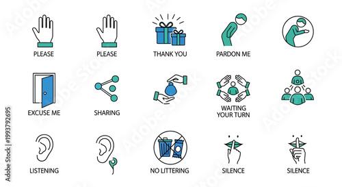 Collection of Social Etiquette Icons: Politeness, Gratitude, and Respect
