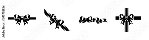 Black and white ribbon bows decoration, silhouette style, vector clipart, gift wrapping elements