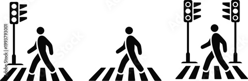 Pedestrian crossing silhouette people walking across a street with traffic lights