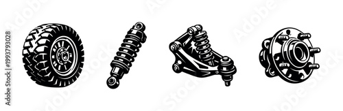 Black and white vector illustration of automotive parts including tire and suspension elements