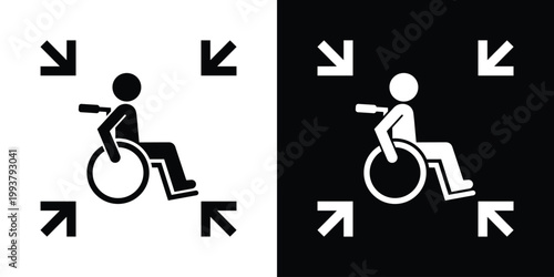 Accessibility icon featuring a person in a wheelchair with inward arrows. Represents inclusive design, disability awareness, medical support, and accessible infrastructure for public spaces.