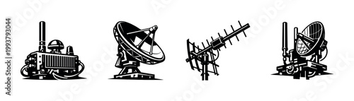 Black and white vector illustration of antenna equipment and satellite dishes silhouettes