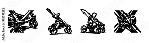 Black and white vector silhouette illustration of a baby stroller design with detailed parts and features