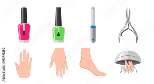 A set of nail care tools and hands for manicure and pedicure