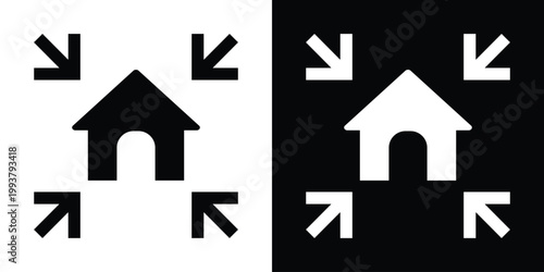 Minimalist house icon surrounded by inward-pointing arrows. Represents home focus, real estate location, property search, or domestic centralized services. High-contrast vector graphic for design.