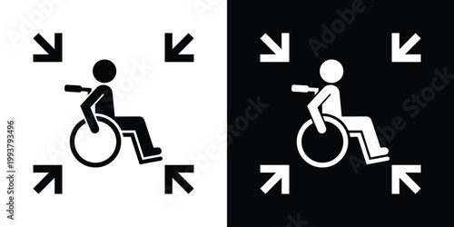 Accessibility icon featuring a person in a wheelchair with inward arrows. Represents inclusive design, disability awareness, medical support, and accessible infrastructure for public spaces.