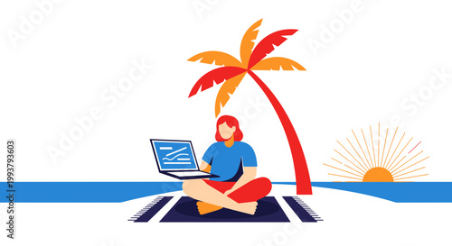 A woman works on her laptop under a palm tree at sunset