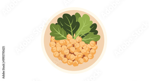 A vector graphic illustration of a bowl of chickpeas and leafy greens