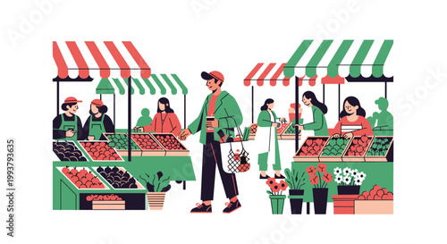 A vibrant illustration of people shopping at an outdoor market with green and red striped awnings