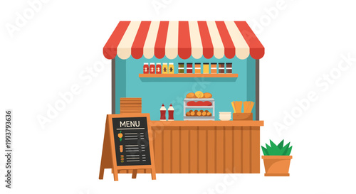 A colorful illustration of a food cart with a striped awning and menu board