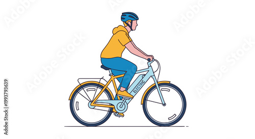 A colorful illustration of a man riding a bicycle in a minimalist style