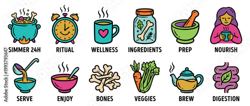 Bone broth preparation and wellness icon set with colorful hand-drawn illustrations of simmering, ingredients, nourishment, and digestion for a healthy lifestyle concept