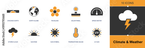 Climate and weather icon set. Containing cracked earth, globe, fan blade, solar panel, speed meter, storm cloud, sunrise, sun symbol, thermometer and more. Solid fill vector icons.