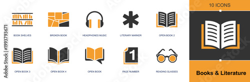 Books and literature icon set containing bookshelf, broken book, headphones, literary marker, open book, page number, reading glasses, library, textbook and more, solid fill vector icons.