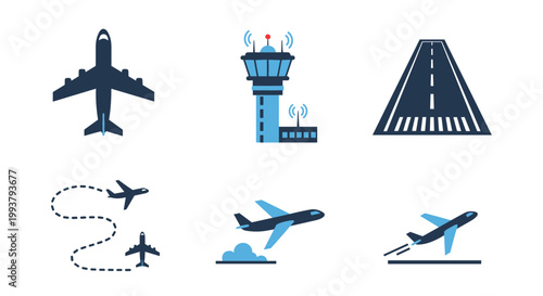 A set of vector icons depicting airplanes and airport elements in a modern flat design style