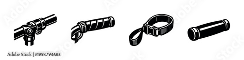 Bicycle accessories and tools illustration, bike handle, grip, vector clipart, black and white design