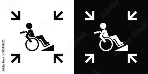 Accessibility icon featuring a person in a wheelchair with inward arrows. Represents inclusive design, disability awareness, medical support, and accessible infrastructure for public spaces.
