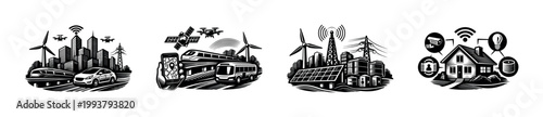Futuristic smart city and energy vector illustration featuring transportation smart home technology