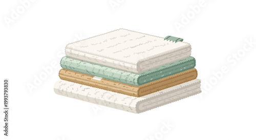 A stack of colorful folded towels on a plain background