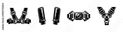 Black and white vector illustration of car seatbelts and buckles clipart elements