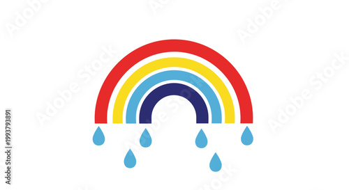 A colorful rainbow icon with raindrops on a white background