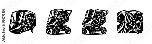 Black and white vector illustration of baby stroller designs silhouette elements
