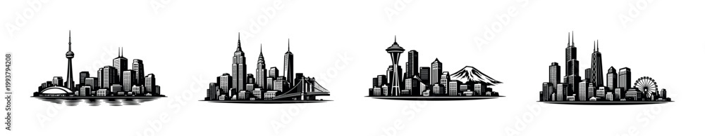 Obraz premium Illustrated city skylines, urban cityscape, architectural elements, black and white silhouette vector