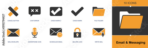 Email and messaging icon set. Containing cancel button, chat error, check mark, file folder, mail envelope, mic, scheduled email, secure lock, write mail and more. Solid fill vector icons.