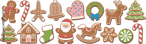 Assortment of Christmas Gingerbread Cookies on White Background