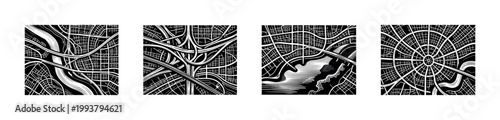 Black and white vector city maps set, urban street layouts, architectural design elements, silhouette style