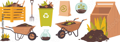 Collection of Gardening and Composting Tools and Materials