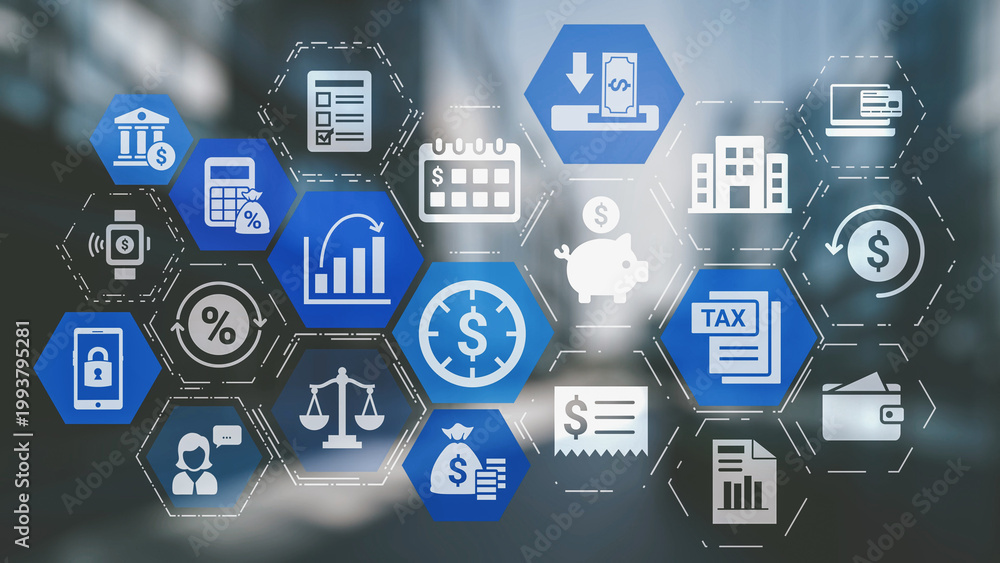 Naklejka premium Accounting technology transforms how accounting income expense operates. With digital calculation cloud accounting, business adopt accounting technology to improve credit and debt accuracy. Spire