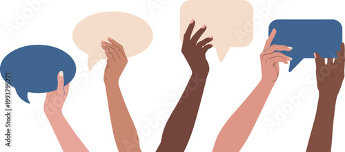 Diverse Hands Holding Speech Bubbles in Various Skin Tones and Shapes