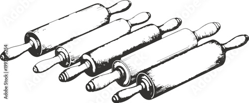 Set of four different types of wood kitchen rolling pins illustration, sketch, engraving.