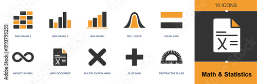 Math and statistics icon set. Containing bar graph, bell curve, equal sign, infinity symbol, math document, multiplication mark, plus sign, protractor and more. Solid fill vector icons.