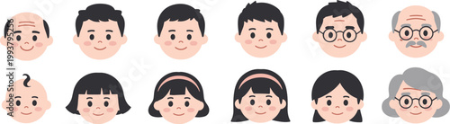 Diverse Set Of Cartoon Faces Representing Different Ages And Genders people family