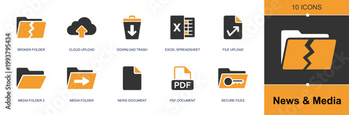 File management icon set containing broken folder, cloud upload, spreadsheet, file upload, media folder, PDF document, secure files, news document and more, solid fill vector icons.
