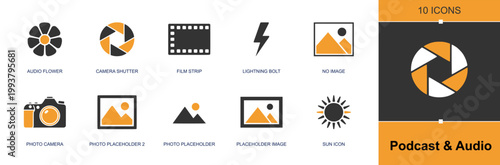 Podcast media icon set. Containing audio flower, shutter, film strip, lightning icon, no image, camera, photo placeholder, image placeholder, sun icon and more. Solid fill vector icons.