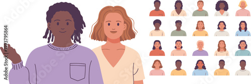 Two women in foreground with diverse portraits of people in the background on a white background diverse people