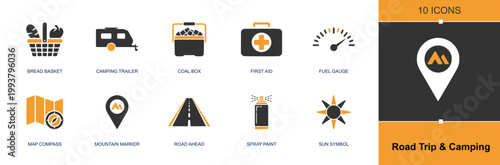 Road trip camping icon set. Containing bread basket, trailer, coal box, first aid, fuel gauge, map compass, mountain marker, road ahead, sun symbol and more. Solid fill vector icons.