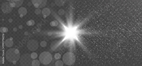 Abstract bright white star lens flare with glowing dust particles and bokeh effect isolated on transparent background.