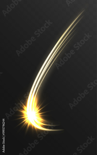 Abstract golden curved light streak with glowing trail and star lens flare, motion blur effect on transparent background.
