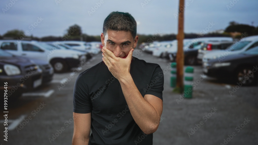 Fototapeta premium Young hispanic man with hand over mouth standing among parked cars in a street parking lot near bollards and light pole; surprise candid moment.