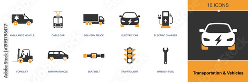 Transportation and vehicles icon set. Containing ambulance, cable car, delivery truck, electric car, charger, forklift, minivan, seat belt, traffic light and more. Solid fill vector icons.