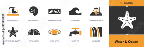 Water and ocean icon set. Containing leaking faucet, nautilus shell, ocean pollution, wave, snorkel diver, starfish, water meter, ripple, water tap and more. Solid fill vector icons.