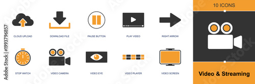 Video and streaming icon set. Containing cloud upload, download file, pause button, play video, stopwatch, video camera, video player, screen, arrow and more. Solid fill vector icons.
