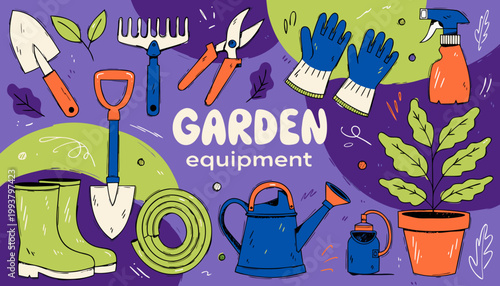 Garden equipment tools on purple background watering can boots gloves shovel vector