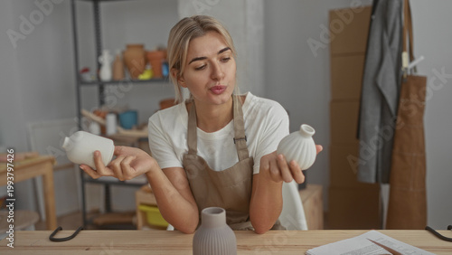 Photos Young woman holds two ceramic vases in both hands, comparing shapes while seated at a pottery studio table; contemplation craft focus